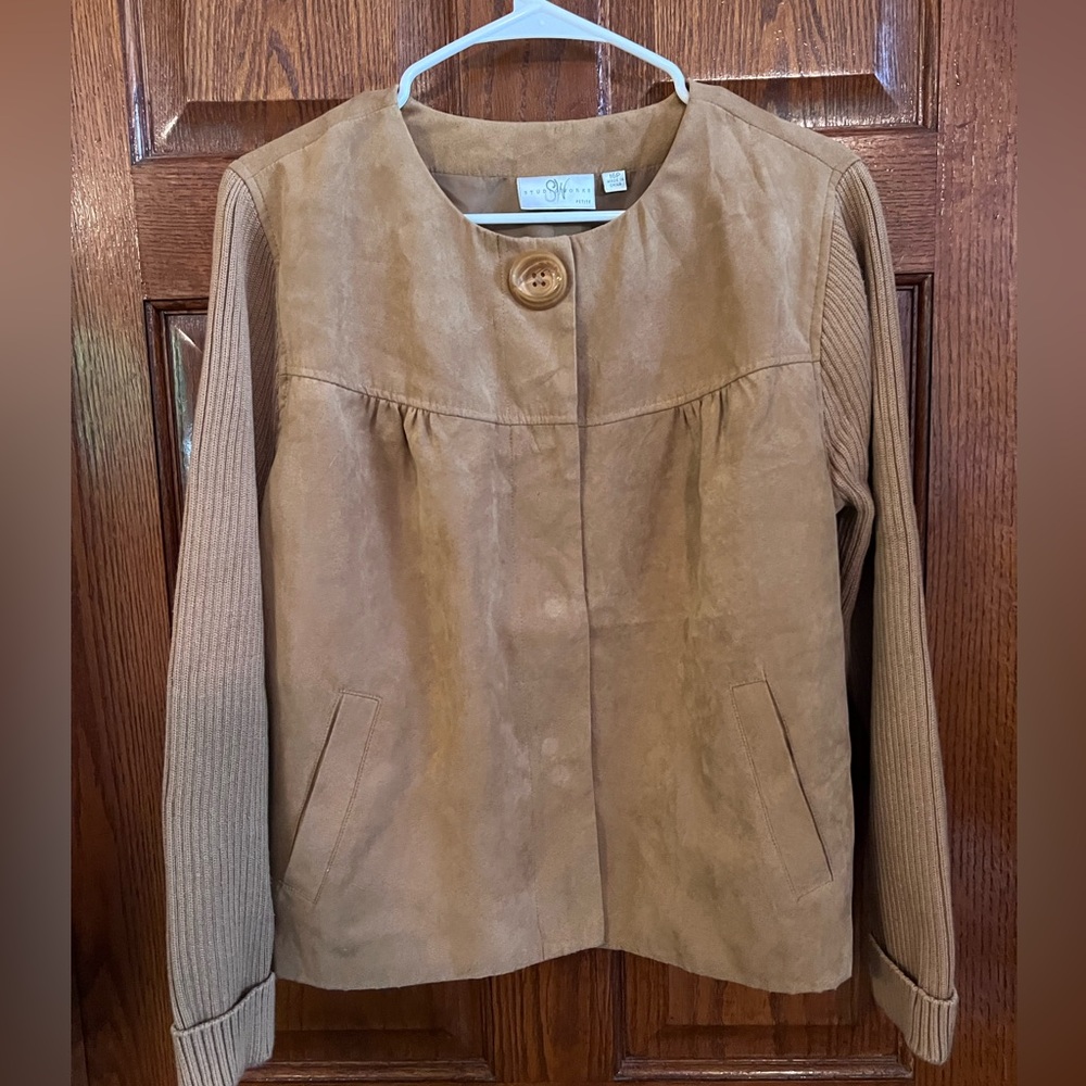 Studio Works 16 Petite Tan Jacket Magnetic Closures Faux Suede Body Knit Arms